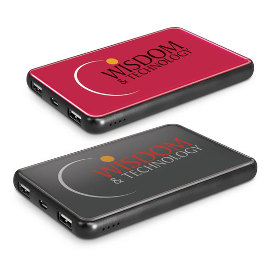 A power bank in pink and black, featuring a logo, with multiple USB ports for device charging.