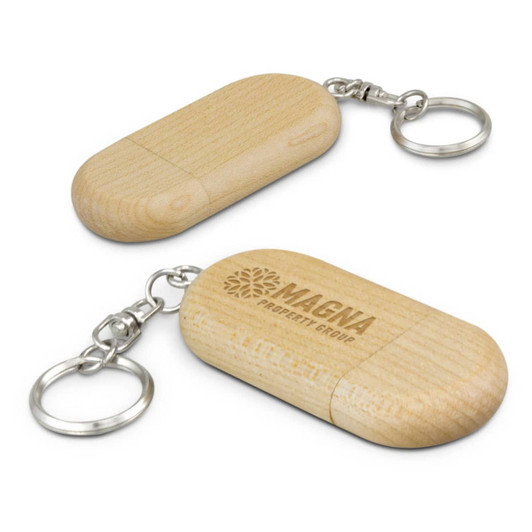 A wooden 4GB flash drive with a keychain attachment, featuring a logo on one side.