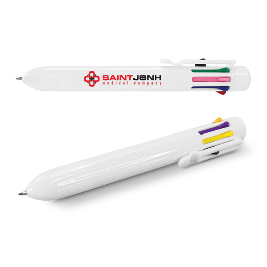 A multi-coloured plastic pen with a white body and a logo. It features several ink colours including pink, green, and yellow.