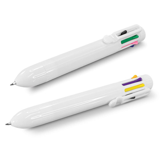 A set of two white plastic pens featuring multiple ink colours: green, pink, yellow, blue, and purple. Each pen has a logo.