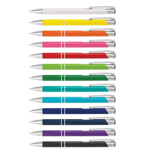 A range of metal pens in various colours, including white, yellow, orange, pink, green, blue, purple, and black.