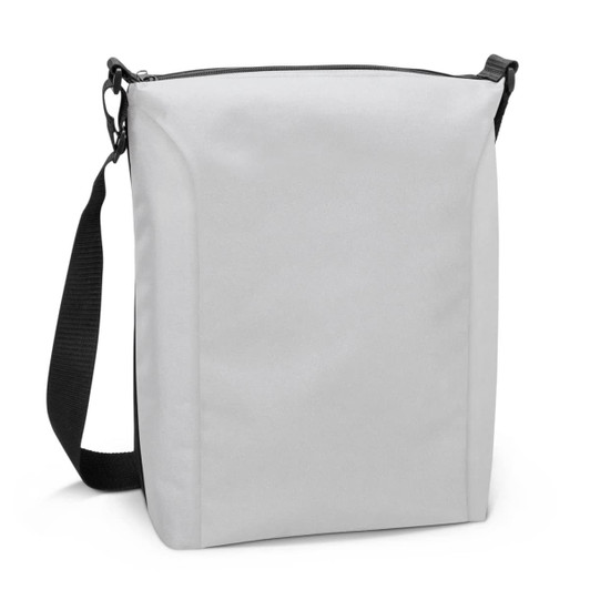 A cooler bag in grey with a black adjustable strap and zip closure, featuring a logo on the front.