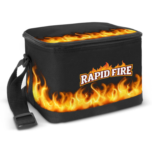 A small black cooler bag featuring a fiery design and a logo, equipped with a handle for easy carrying.