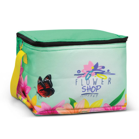 A green cooler bag featuring vibrant floral designs and a butterfly, with a yellow handle and a zip closure.