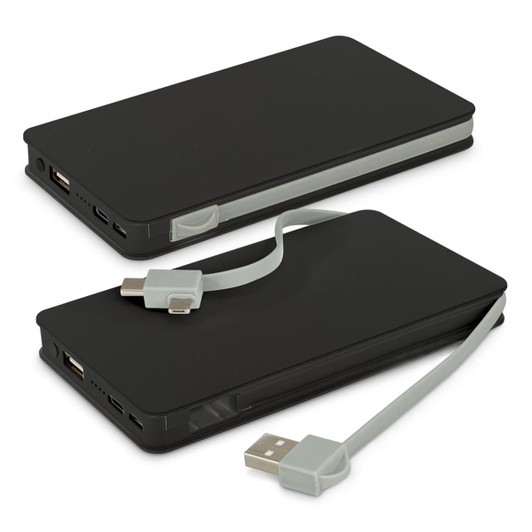 A black wireless charging power bank with a grey charging cable attached, featuring multiple ports and a logo.