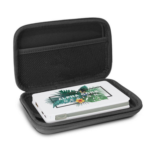 A white power bank nestled in a black, zippered case, featuring a tropical design and a logo.