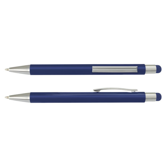 A navy stylus pen with a silver clip and tip. The pen features a ballpoint and a soft stylus end, and has a logo.