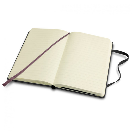 A pocket-sized, classic hard cover notebook in black, featuring lined pages and a ribbon bookmark.