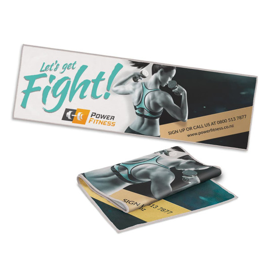 A sports towel featuring a dynamic design in vibrant colours, with branding and an image of a person exercising.