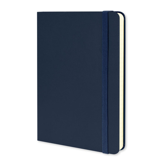 A medium-sized, classic hard cover notebook in navy blue, featuring an elastic closure and a cream inner side.