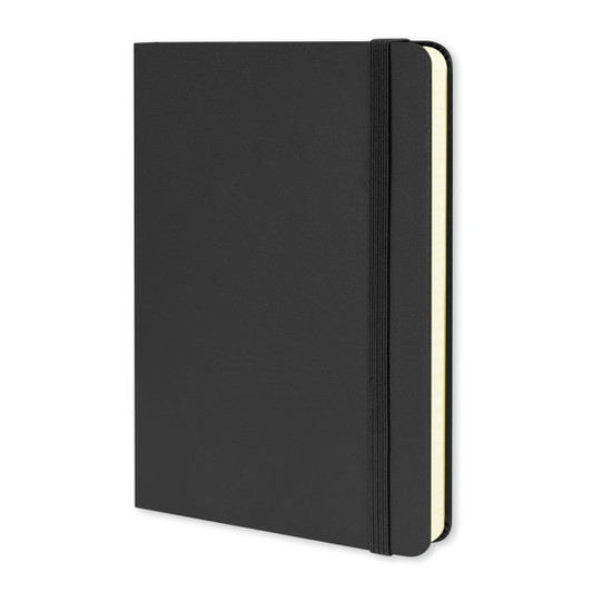 A black hard cover notebook with a yellow interior and an elastic band closure. It features a logo on the cover.