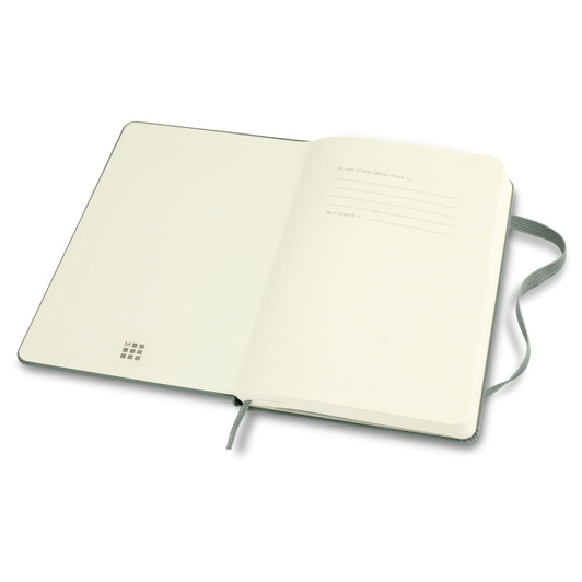 A medium hardcover notebook with a light-coloured interior and a ribbon bookmark, featuring a logo on the cover.