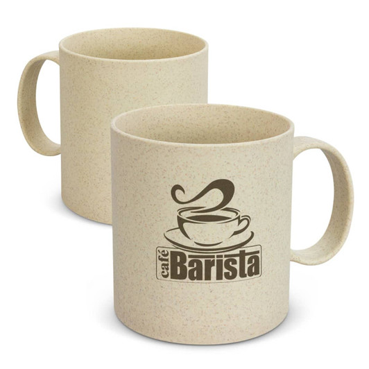 A coffee mug in a speckled cream colour with a simple branding logo on the front.
