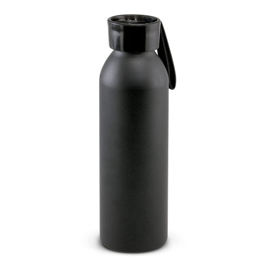 A drink bottle in matte black, featuring a top lid and an attached handle. It has a logo on the front.