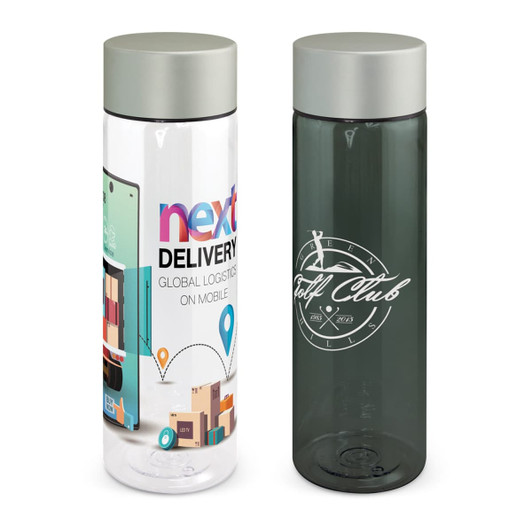 A drink bottle featuring a clear design with a grey lid, one side has a colourful print, while the other is a solid grey.