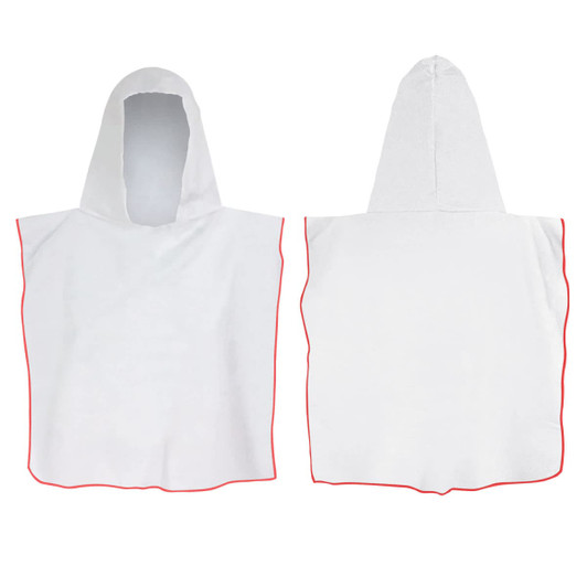 A hooded towel in white with red trim, featuring a large hood and a simple, unembellished design.
