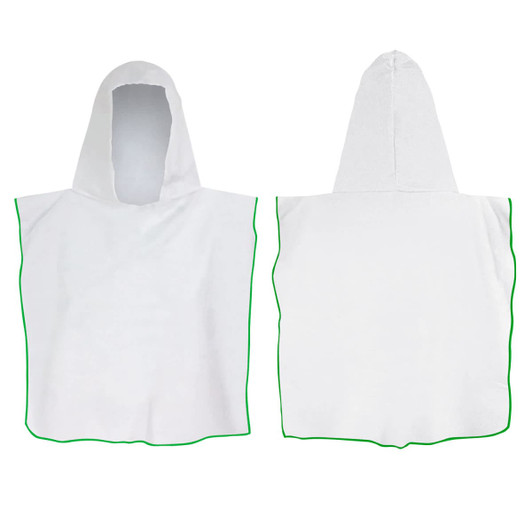 A white hooded towel with green trim, featuring a hooded design for kids. Includes branding on the label.