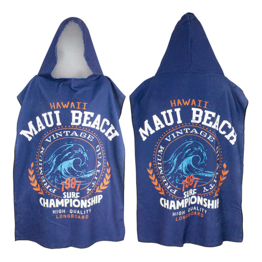 A navy blue adult hooded towel featuring a wave design and "Maui Beach" text. The towel has a hood and a logo.