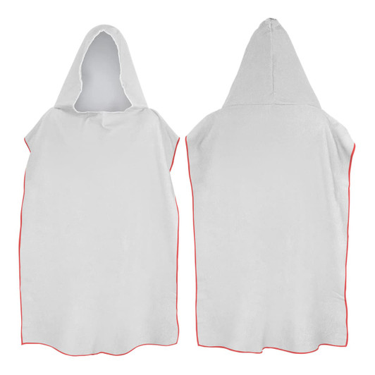 A white adult hooded towel with red trim, featuring a hood and an overall poncho-style design.