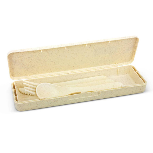 A cream cutlery set in a case, featuring a knife, fork, spoon, and a lid with a textured design.