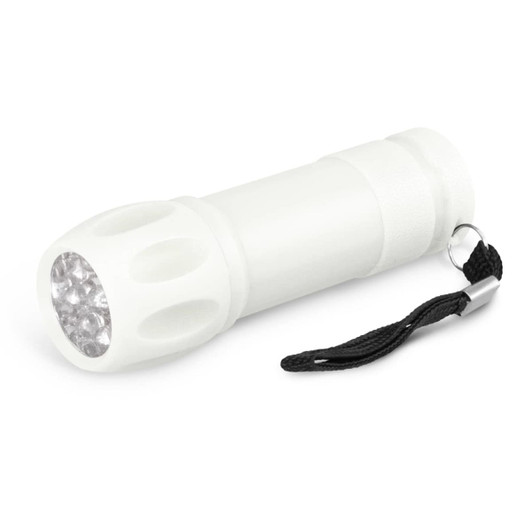 A white torch with a textured grip and a black strap, featuring multiple LED lights on the front.
