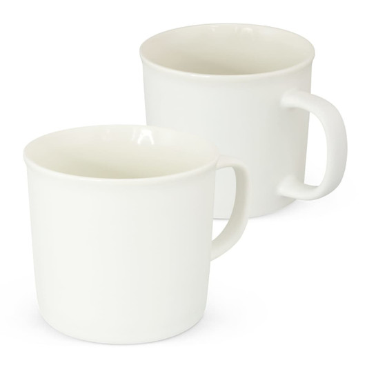 A white ceramic coffee mug with a simple design and a sturdy handle. It has a glossy finish and includes a logo.