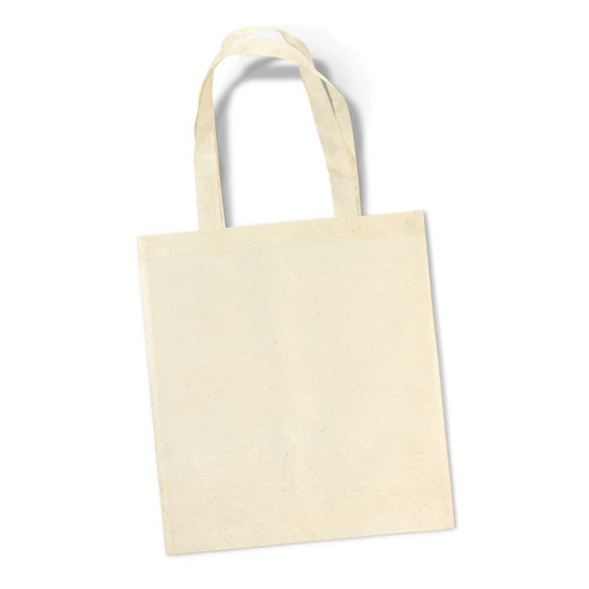 A natural, cream-coloured tote bag with two handles and a simple, unembellished design. It features a branding logo.