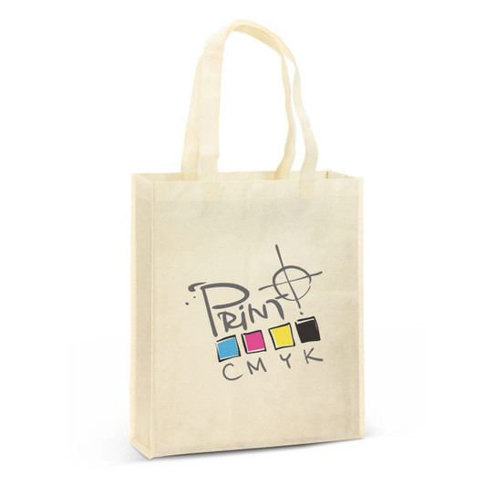 A natural beige tote bag with a logo featuring colour blocks and printing elements. It has two sturdy handles.