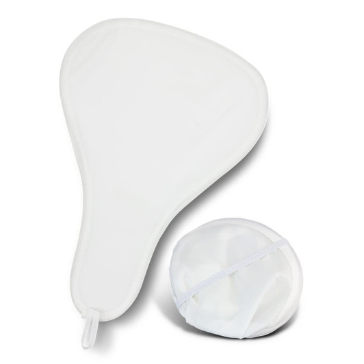 A foldable event fan in white, compactly stored in a matching pouch, featuring a simple design.
