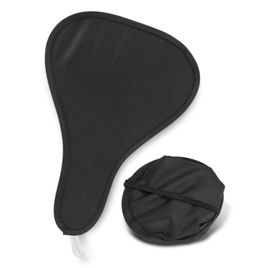 A foldable event fan in black, displayed in an unfolded and folded state, with a carrying pouch.