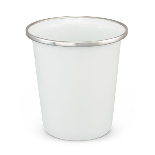 A white enamel tumbler with a silver rim, designed for drinkware use. It features a simple and sleek design.