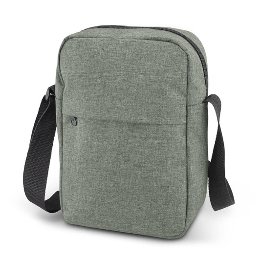 A green fabric travel bag with a zipper closure and an adjustable black strap. It features a front pocket and has a logo.