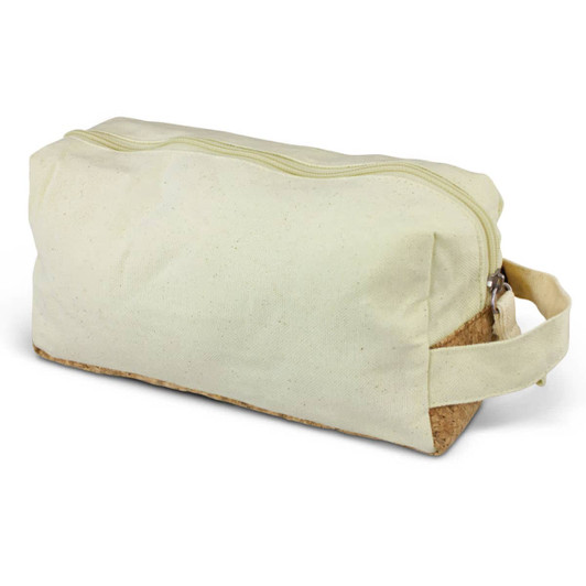 A beige toiletry bag with a cork base and a zip closure, featuring a side handle for easy carrying.