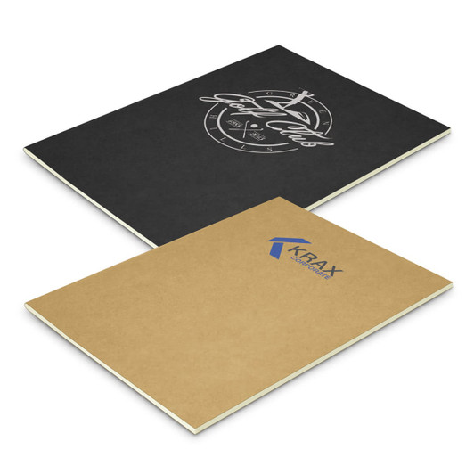 A large notebook with a black cover featuring a logo, and a brown back cover, showcasing a simple design.