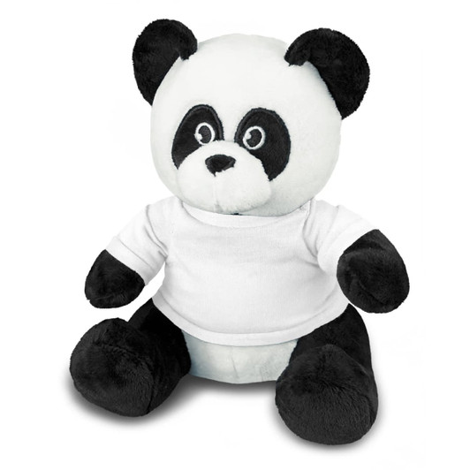 A plush toy panda featuring black and white fur, wearing a white shirt, with a cute facial expression.