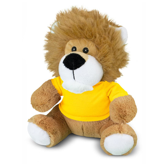 A cuddly lion plush toy with a fluffy mane and a yellow t-shirt, featuring soft brown and white fur.