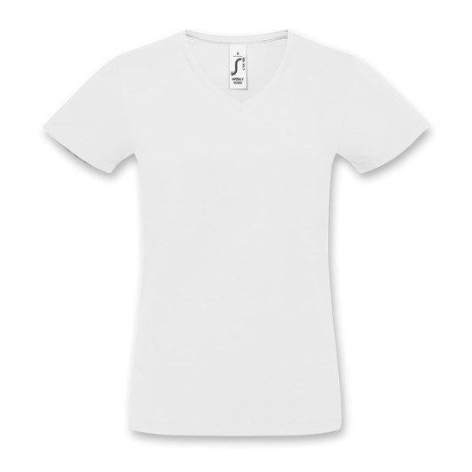 A white women's V-neck T-shirt featuring short sleeves and a logo on the inside neck.