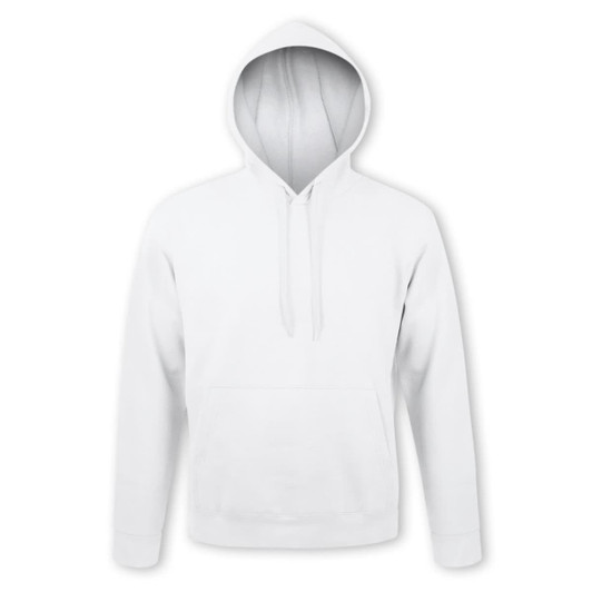 A white hooded sweatshirt featuring a front pocket and a hood. It has a logo on one side.