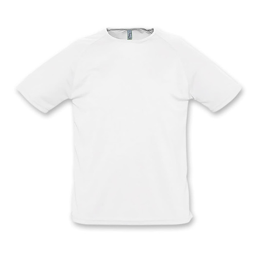 A white sporty men's T-shirt with a rounded neckline and short sleeves, featuring a logo on the tag.