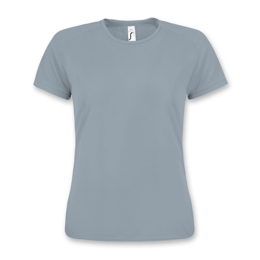 A grey sporty women's T-shirt with a round neckline and short sleeves, featuring a small logo.