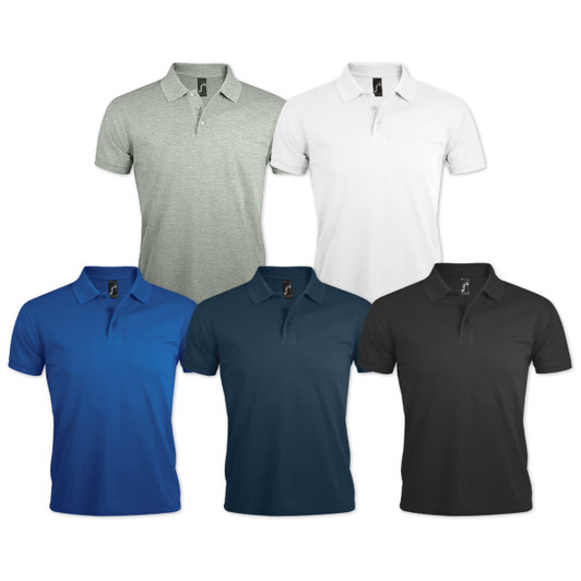 Five men's polo shirts in green, white, blue, teal, and black, featuring a logo on each shirt.