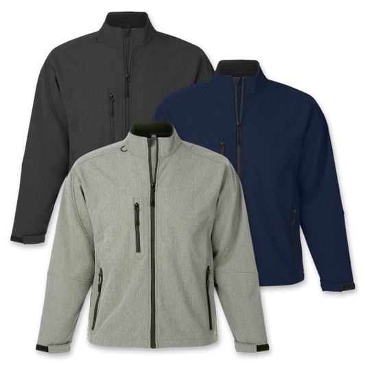Three SOLS Relax Softshell Jackets in charcoal grey, navy blue, and light green, featuring zippered pockets and a logo.