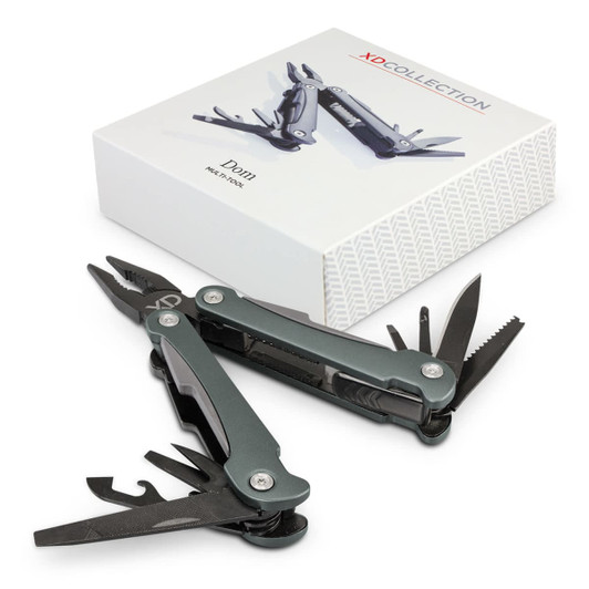 A multi-tool in grey, featuring various tools and a box with a logo.