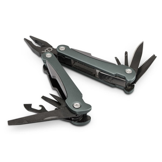 A multi-tool in dark grey with pliers, knife blades, and various other tools, featuring a logo.