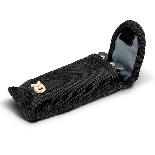A black fabric case containing a multi-tool with silver accents, featuring a secure flap closure.