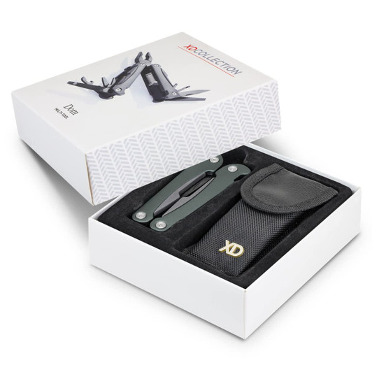 A multi-tool with various functions in a black and green design, presented in a box with a pouch.