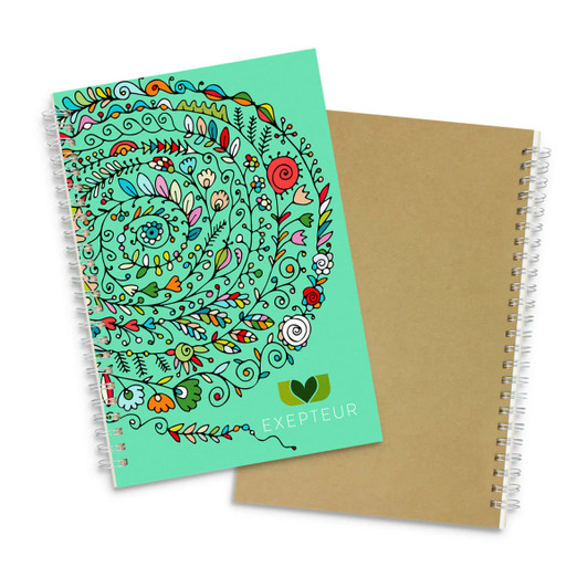 A medium-sized notebook with a vibrant turquoise cover featuring intricate floral designs and a plain kraft back.