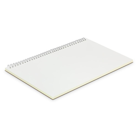 A large spiral-bound notebook with a plain white cover and blank pages, featuring a simple design.