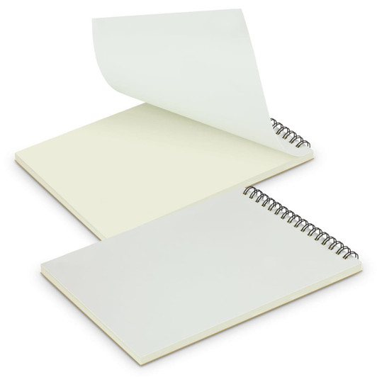 A medium-sized note pad with a spiral binding, featuring blank white and pale yellow pages. It has a logo on the cover.