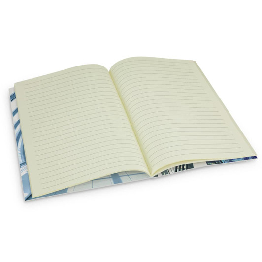 A medium-sized notebook with a full-colour cover and lined pages, showcasing a vibrant design on the interior.